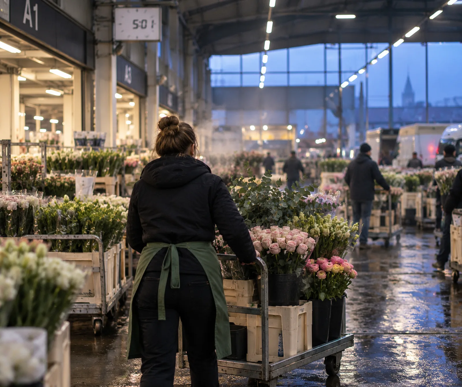 Florist mit Blumenwagen morgens um fünf auf dem Großmarkt