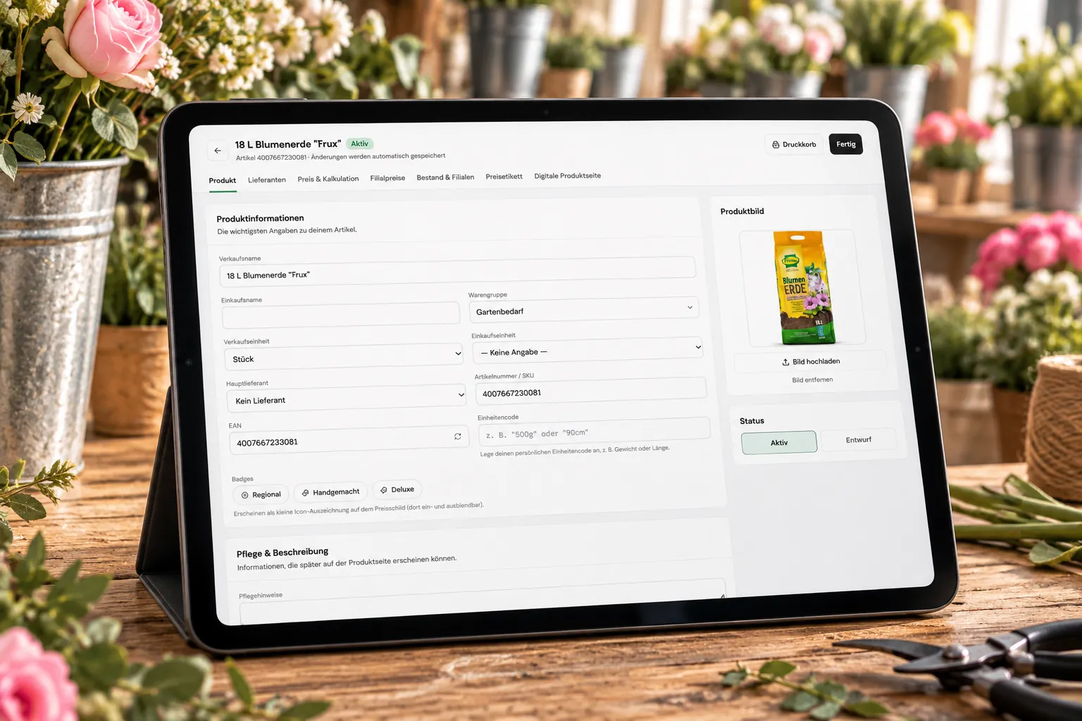 FlowerTag Artikeldatenbank auf dem iPad im Blumenladen, Artikel mit Einheit, Preis und Lieferant