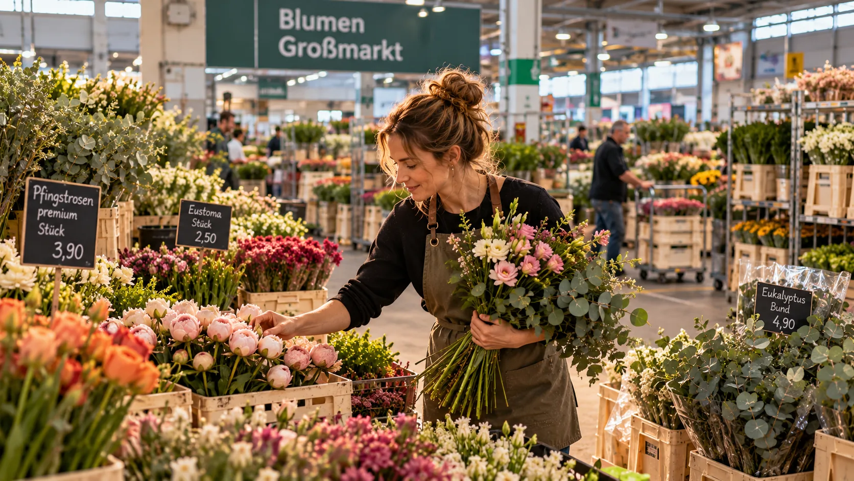 Floristin wählt Pfingstrosen auf dem Blumengroßmarkt, Schilder zeigen Artikel und Preise