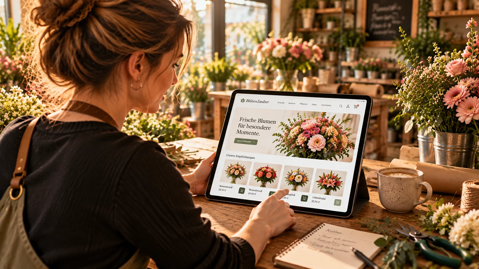 Floristin schaut im Blumenladen auf ein Tablet und wertet aus, was läuft