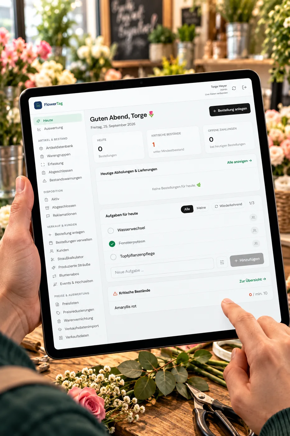 FlowerTag auf dem iPad mit Übersicht, Aufgaben und Bestandswarnungen