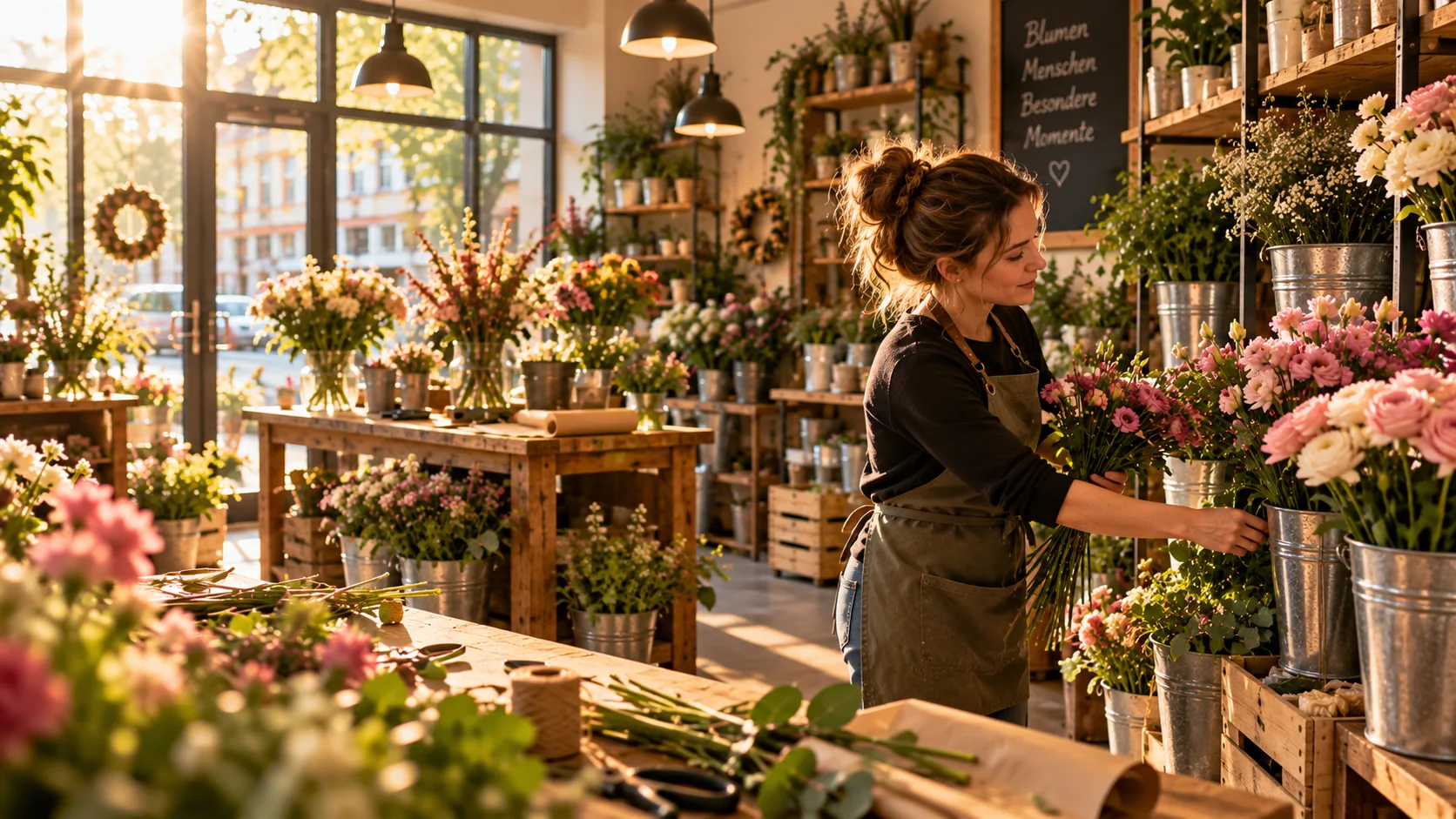 Floristin sortiert frische Blumen in Eimer im sonnigen Blumenladen