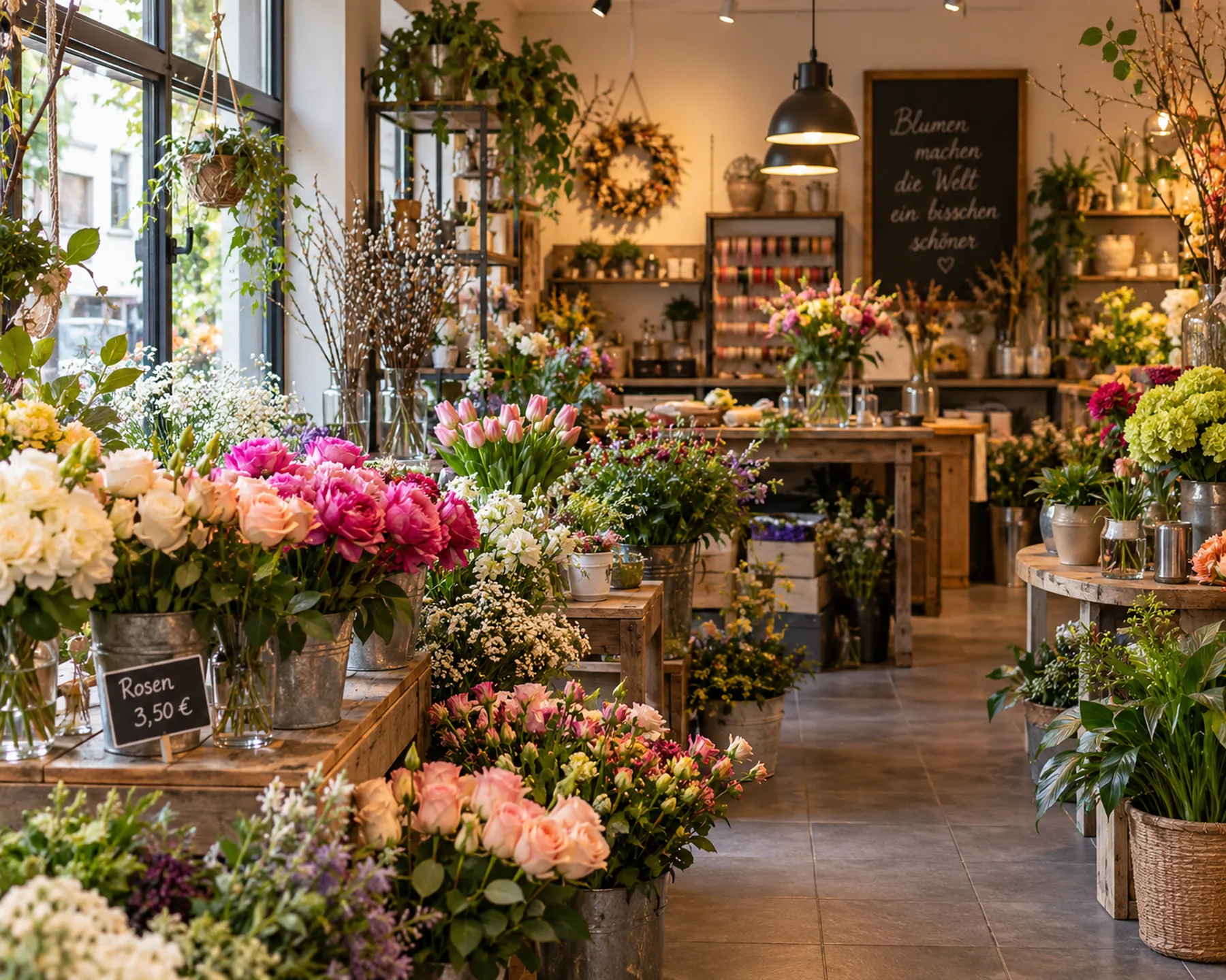 Blumenladen mit frischer Ware und Arbeitsplatz für die Floristin