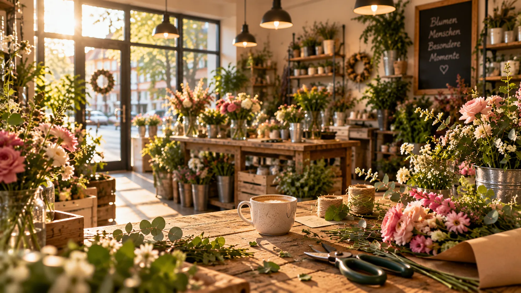 Blumenladen am Morgen mit frischer Ware und Werkbank