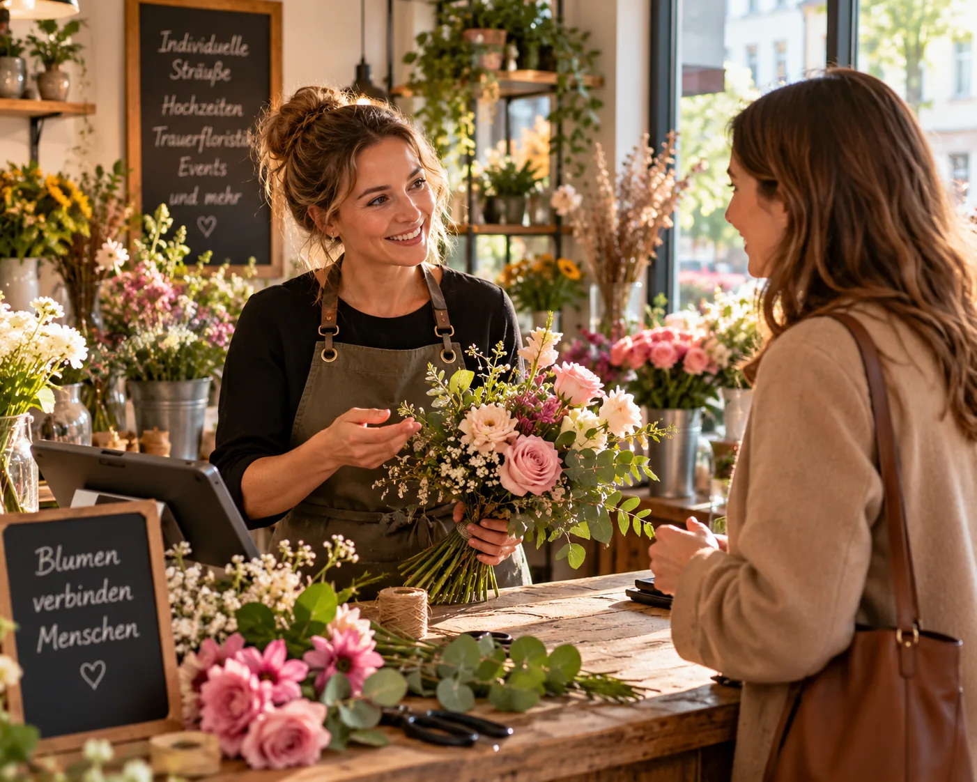 Floristin berät eine Kundin im Blumenladen und zeigt einen Strauß