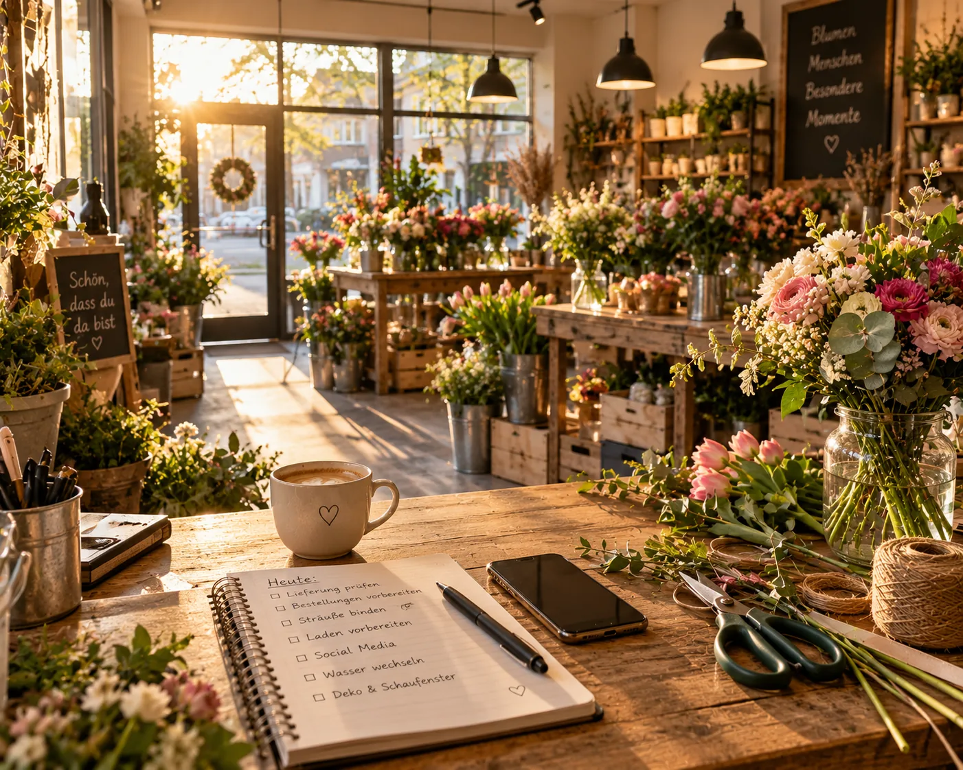 Blumenladen am Morgen: Notizbuch mit Tagesliste, Kaffee und Smartphone auf dem Arbeitstisch, dahinter Blumen im Sonnenlicht