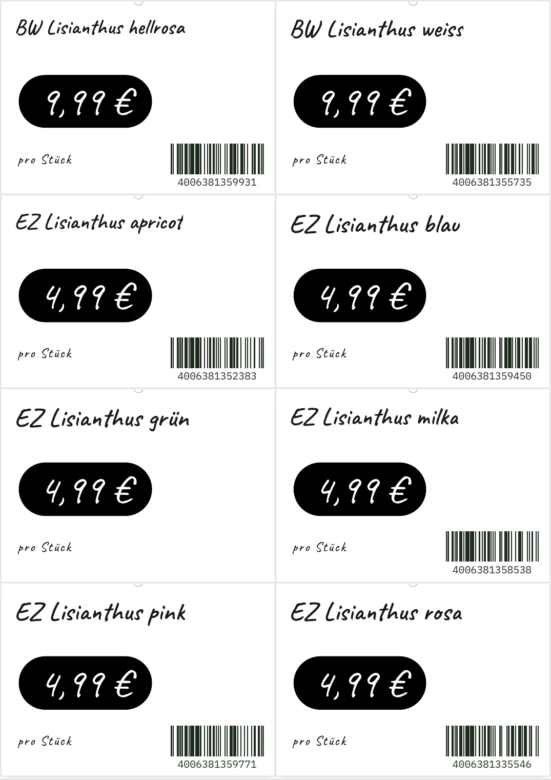 Echter FlowerTag Druckbogen im A4-Format mit acht Preisschildern inklusive Barcode
