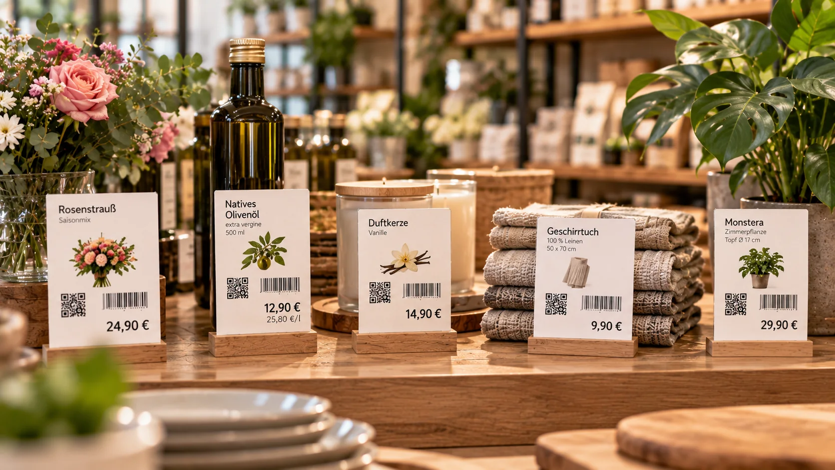 Preisschilder in Blumenstrauß, Olivenöl, Duftkerze, Geschirrtuch und Monstera mit QR-Code, Barcode und Grundpreis im Laden
