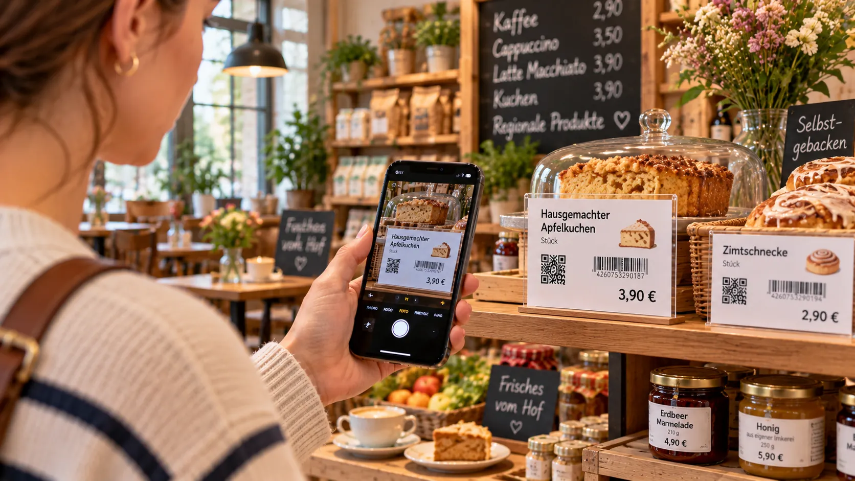 Kundin scannt im Hofladen-Café das Preisschild am Apfelkuchen