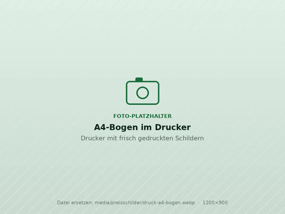 Platzhalter für Foto: Drucker mit frisch gedruckten Preisschildern auf dem A4-Bogen
