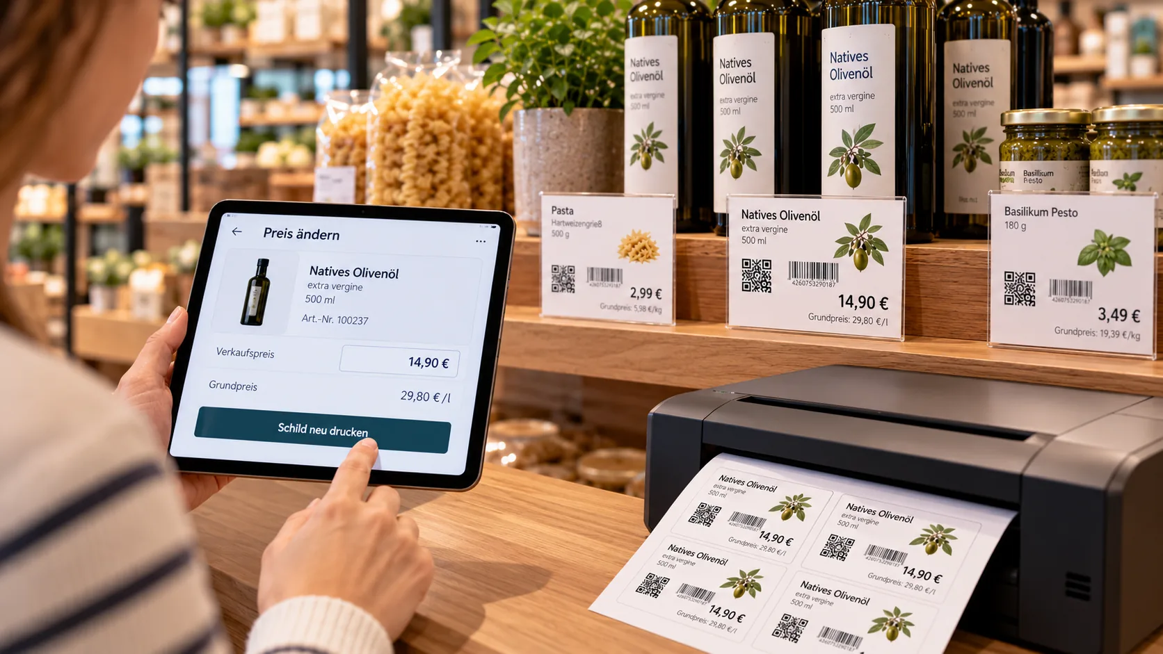 Mitarbeiterin tippt am iPad auf Schild neu drucken, am Regal hängen die Schilder, der Drucker gibt einen Bogen mit Preisschildern aus