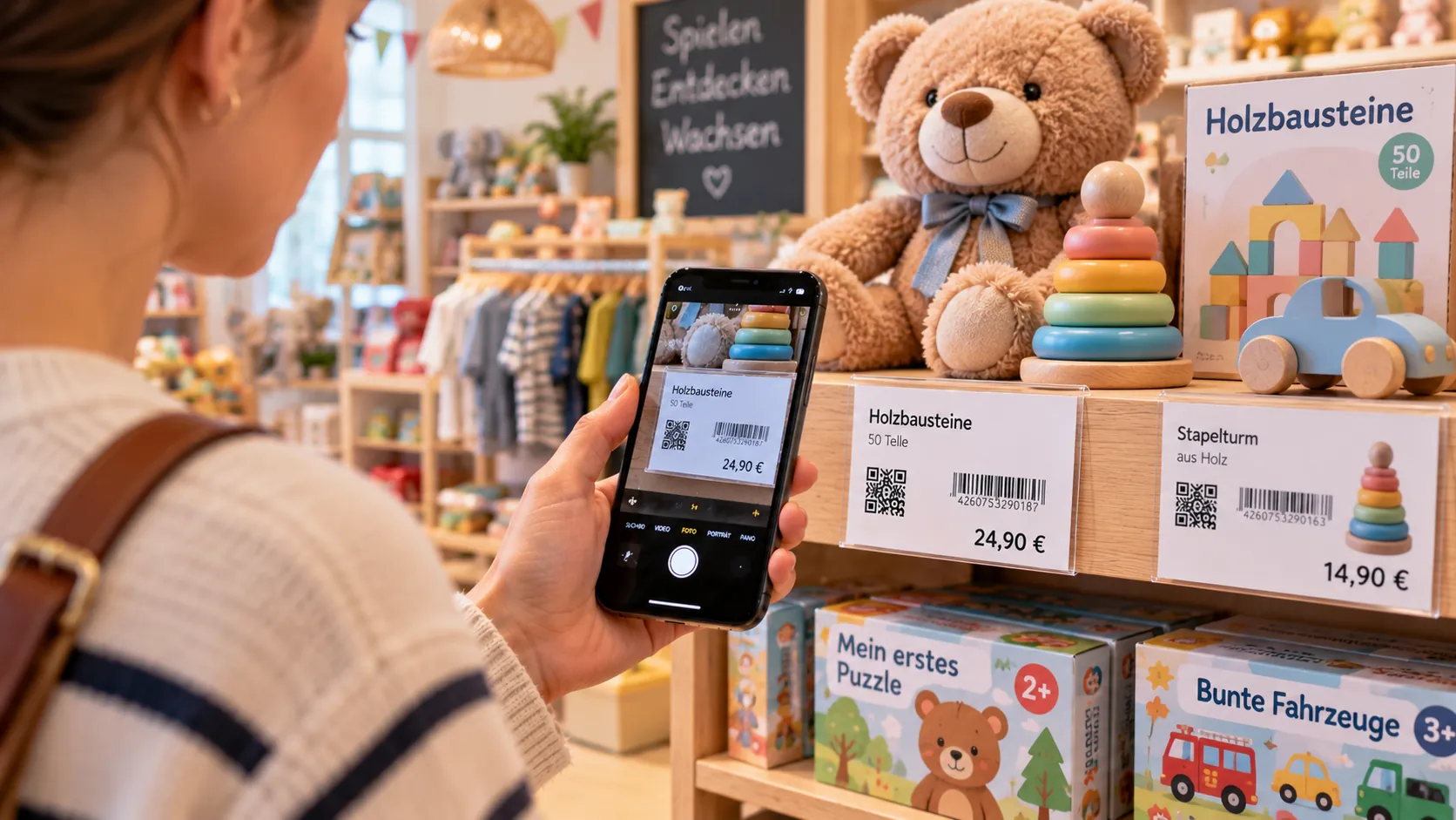 Kundin scannt im Kinderladen das Preisschild der Holzbausteine