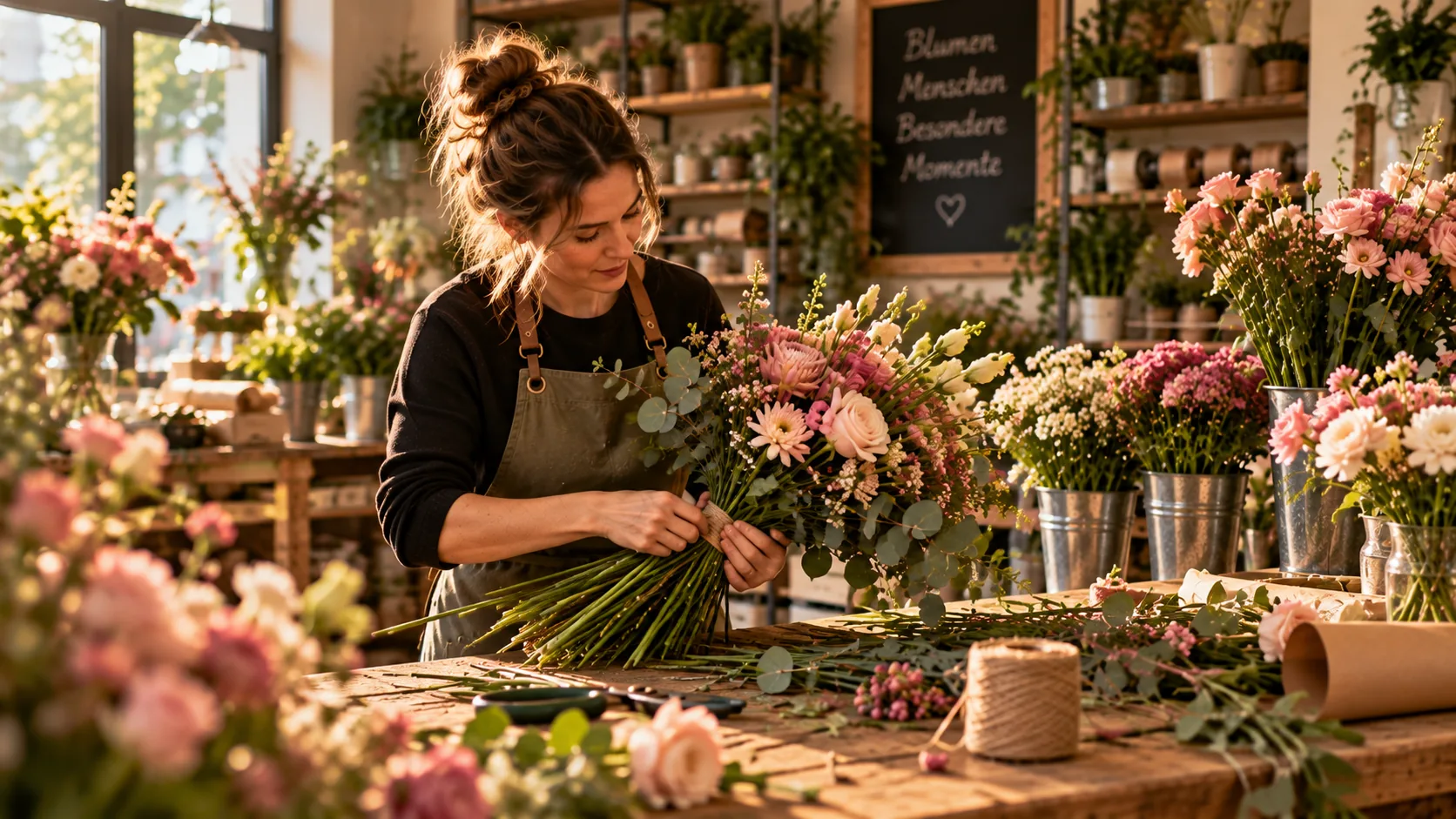 Floristin bindet einen Strauß aus rosa Blumen und Eukalyptus am Arbeitstisch